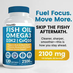 PrimeMD 5-in-1 fish oil softgels lemon, easy to swallow.