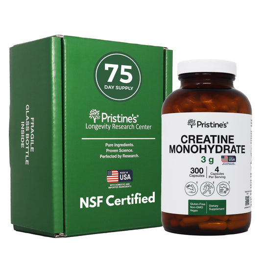 Bottle of PRISTINE Creatine Monohydrate Capsules with label visible