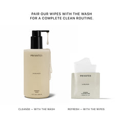 PRIVATES hypoallergenic formula bottle close-up signals gentle everyday care.