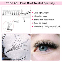 PRO LASHBEAUTY premade fans 18mm for longer eye drama and seamless blend.