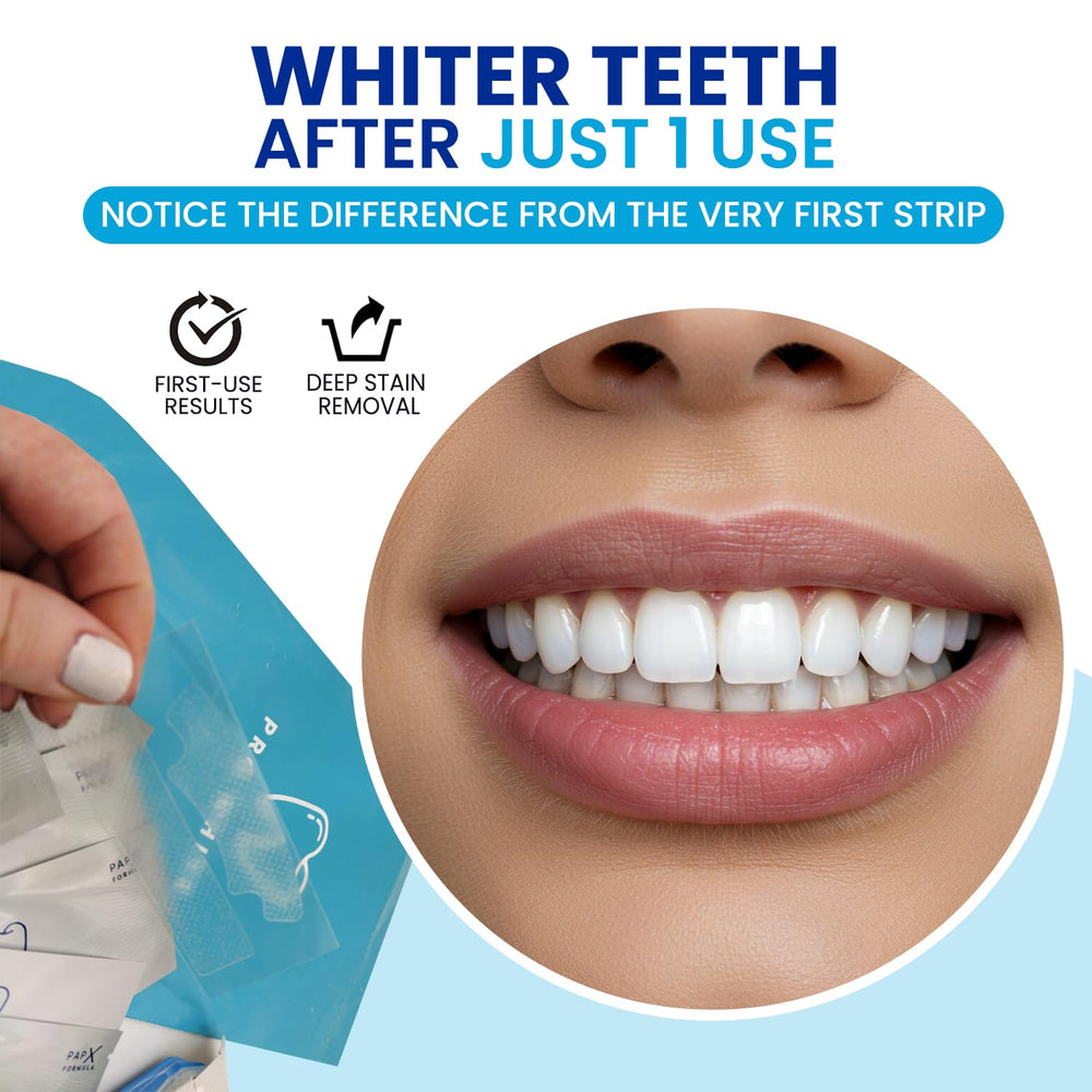 Close-up of whitening strips with mint flavor packaging