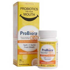 Close-up of product label on ProBiora Kids orange tablets