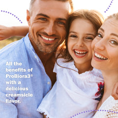 Concept image of whiter teeth with ProBiora Kids orange tablets