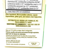 Label showing 30 Billion CFU on Renew Life probiotic