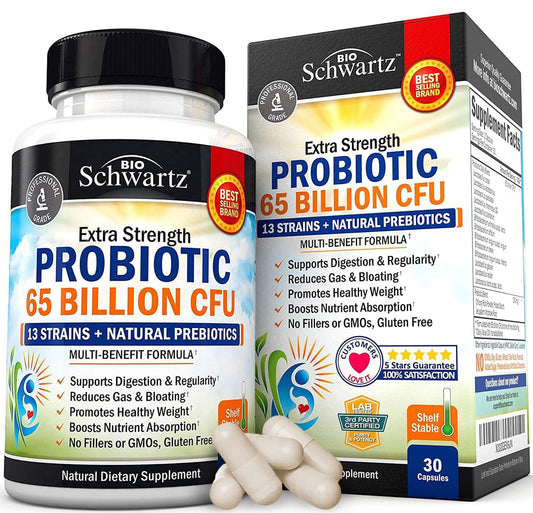Front view of BioSchwartz Probiotic 65 Billion with Prebiotic bottle