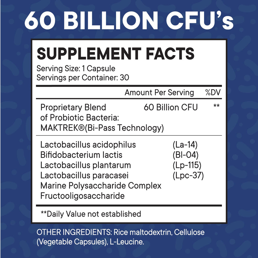 Label on probiotic bottle showing 60 Billion CFU with Prebiotic