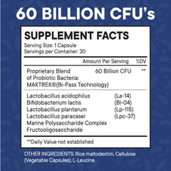 Label on probiotic bottle showing 60 Billion CFU with Prebiotic