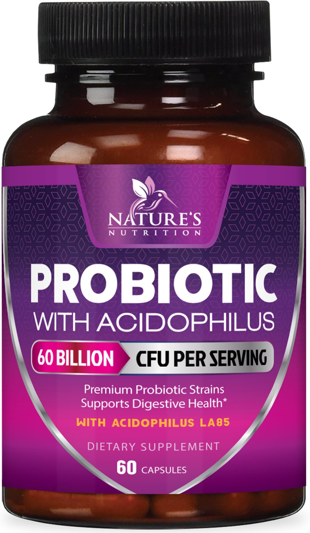 Bottle label showing Probiotics 60 Billion CFU and 10 strains