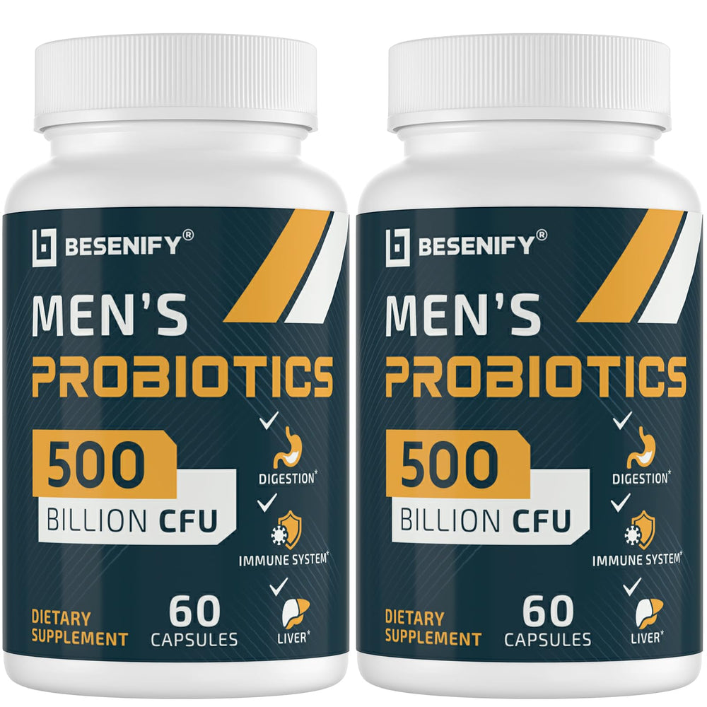Bottle of Probiotics for Men showing 500B CFUs and 12 strains