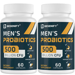 Bottle of Probiotics for Men showing 500B CFUs and 12 strains