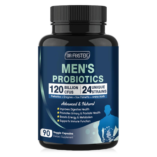 Men's probiotic bottle label showing 120 Billion CFUs