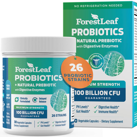 Bottle of probiotics for men and women showing 100 Billion CFU and 26 strains