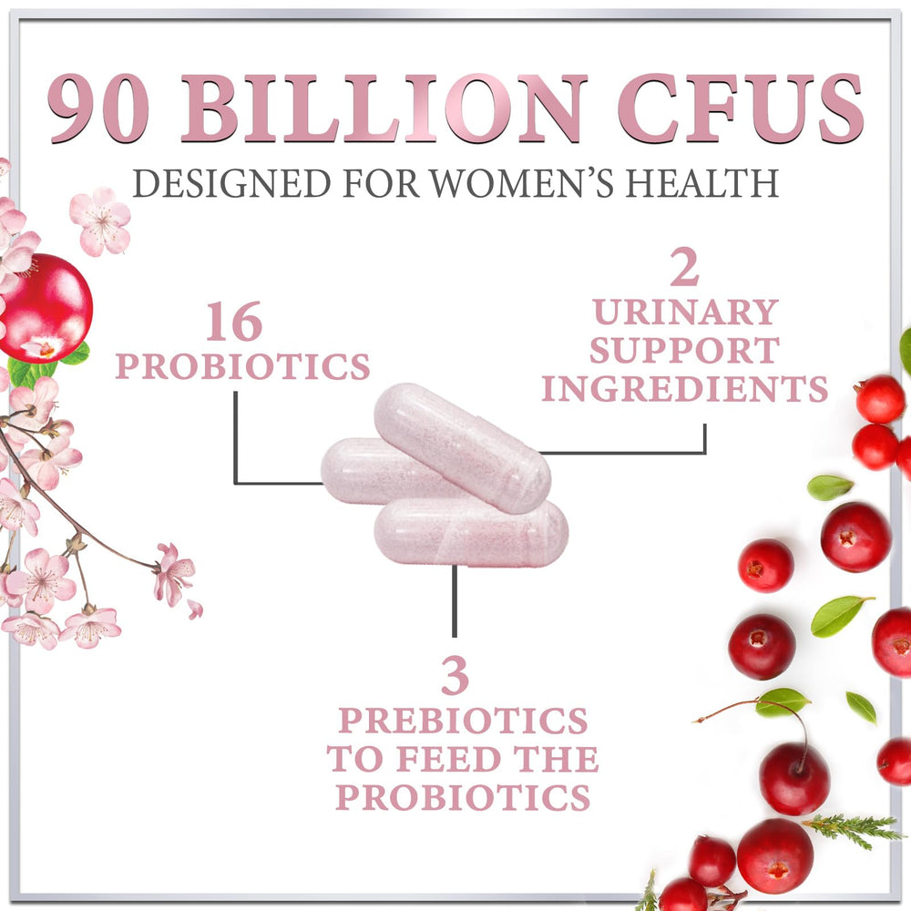 Close-up of 90B CFU women's probiotic bottle with cranberry