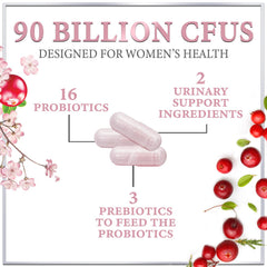 Close-up of 90B CFU women's probiotic bottle with cranberry