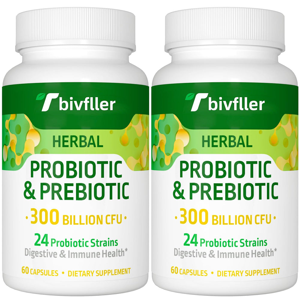 Front view of probiotic bottle labeled 300B CFU with 24 strains