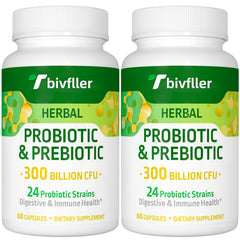 Front view of probiotic bottle labeled 300B CFU with 24 strains