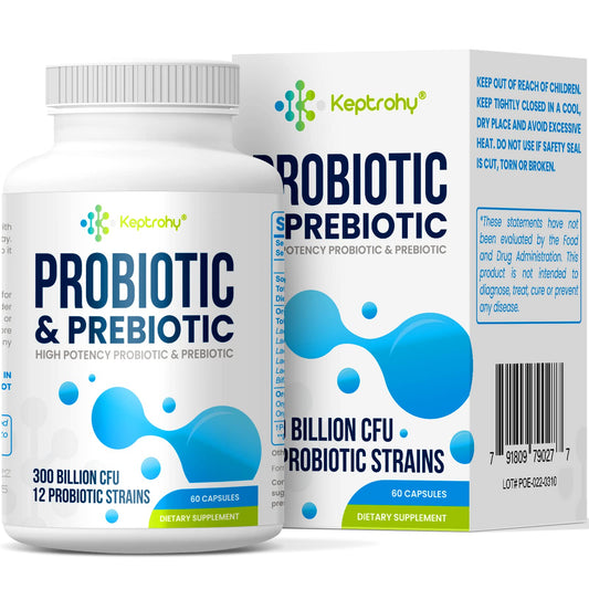 Probiotic bottle label displaying 300B CFU and 12 strains for women and men