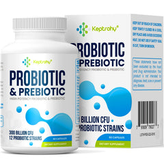 Probiotic bottle label displaying 300B CFU and 12 strains for women and men