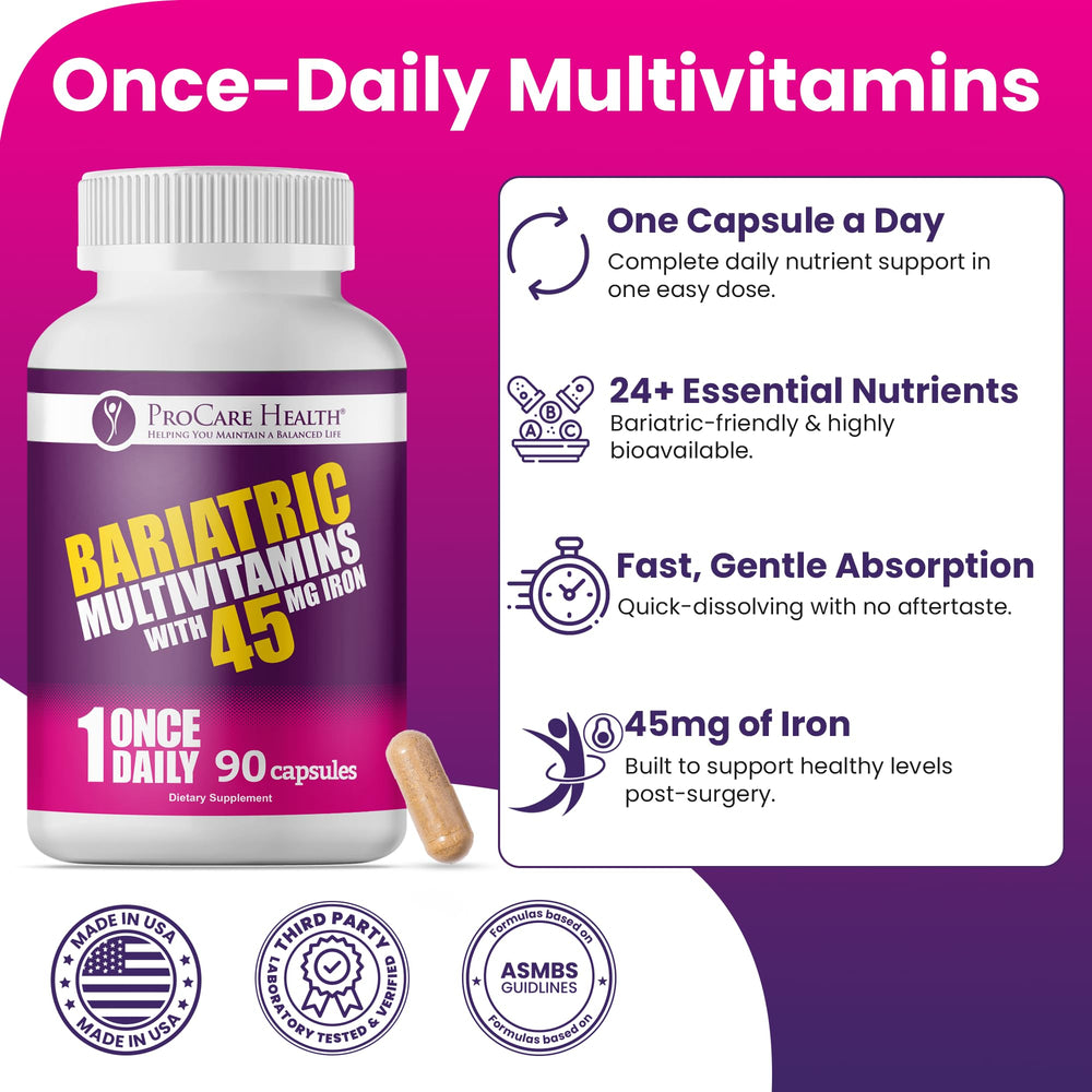 Hand holding ProCare Health bariatric multivitamin capsule ready to take.