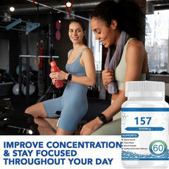 Front view of bottle with branding and 157 Capsules text