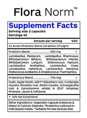 Close-up of Flora Norm packaging showing 12-strain probiotic formula