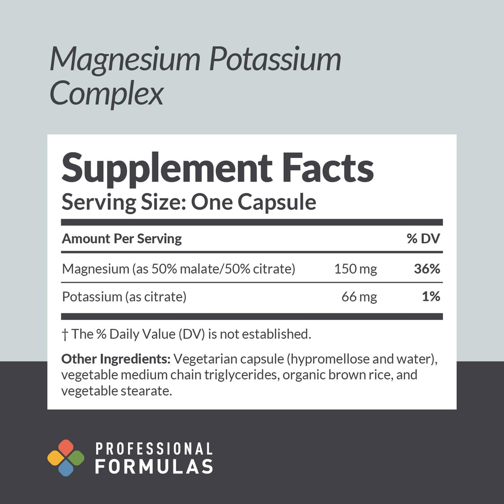 Close-up of Magnesium Potassium Complex capsules showing magnesium malate, magnesium citrate, and potassium citrate forms