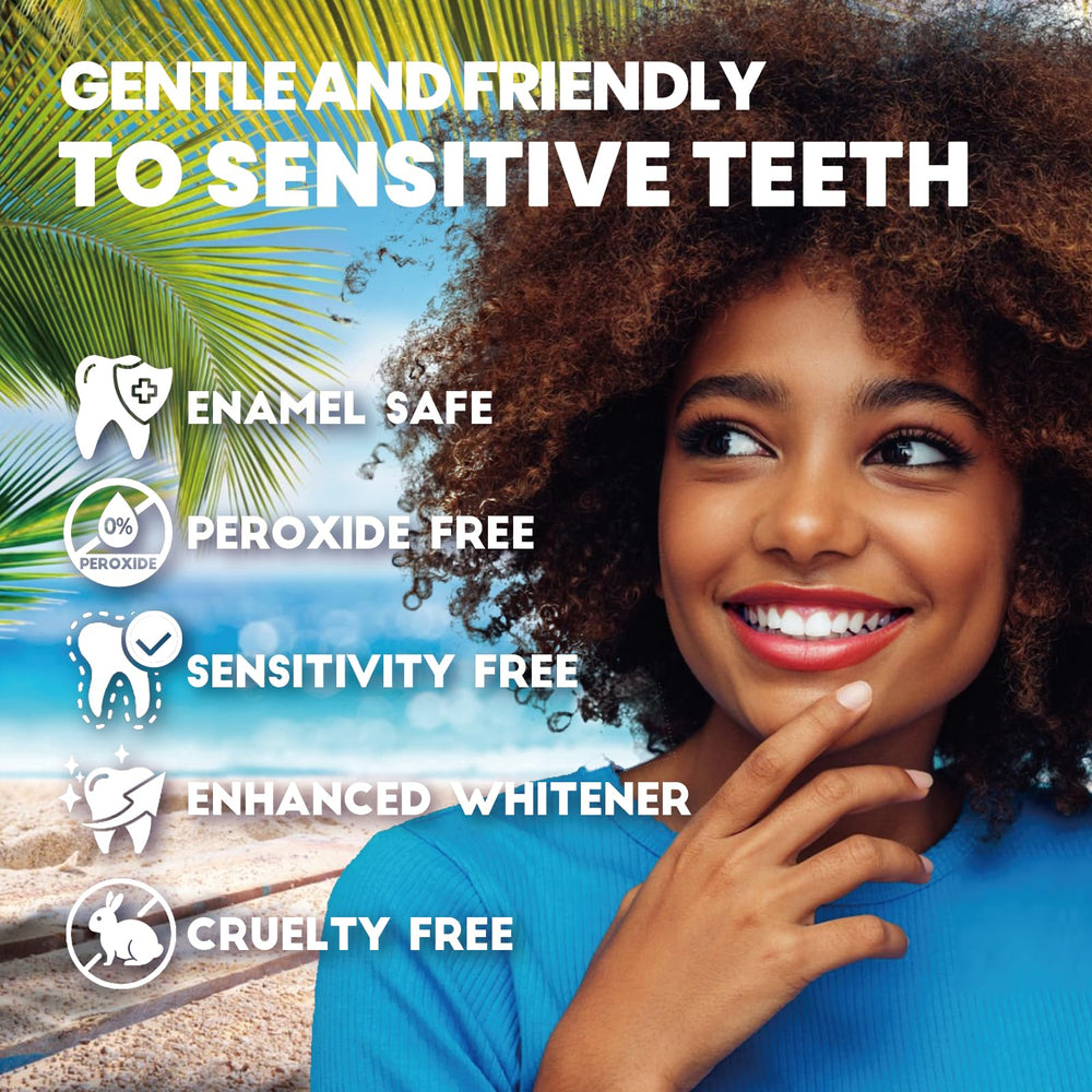Whitening strip applied to upper teeth showing mint flavor