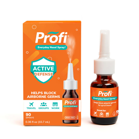 Profi Everyday Nasal Spray bottle close-up highlighting simple one-spray defense for daily air exposure.