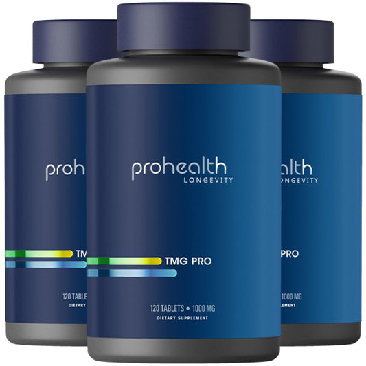 ProHealth Longevity TMG three-pack bottle with 1,000 mg dosage (Trimethylglycine)