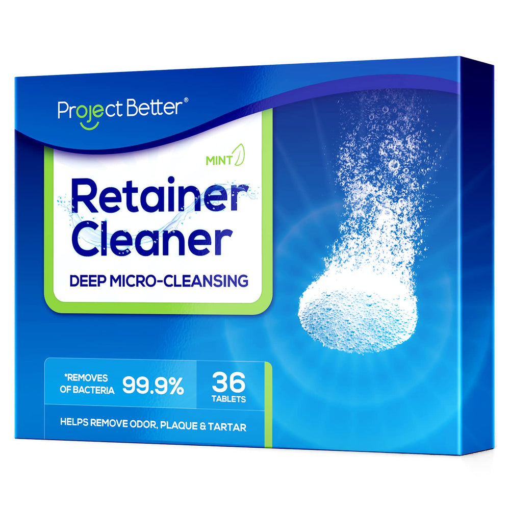 Front view of PROJECT BETTER Retainer Cleaner Tablets 36-count package.