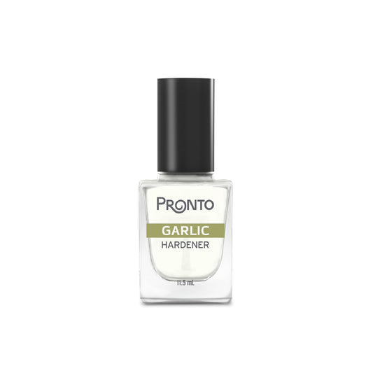 Pronto Garlic Hardener bottle closeup showing base and top coat protection for nails