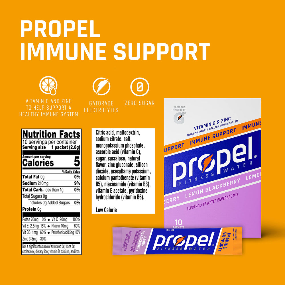 Back view of Propel Immune Support Powder Lemon Blackberry container showing nutrition info