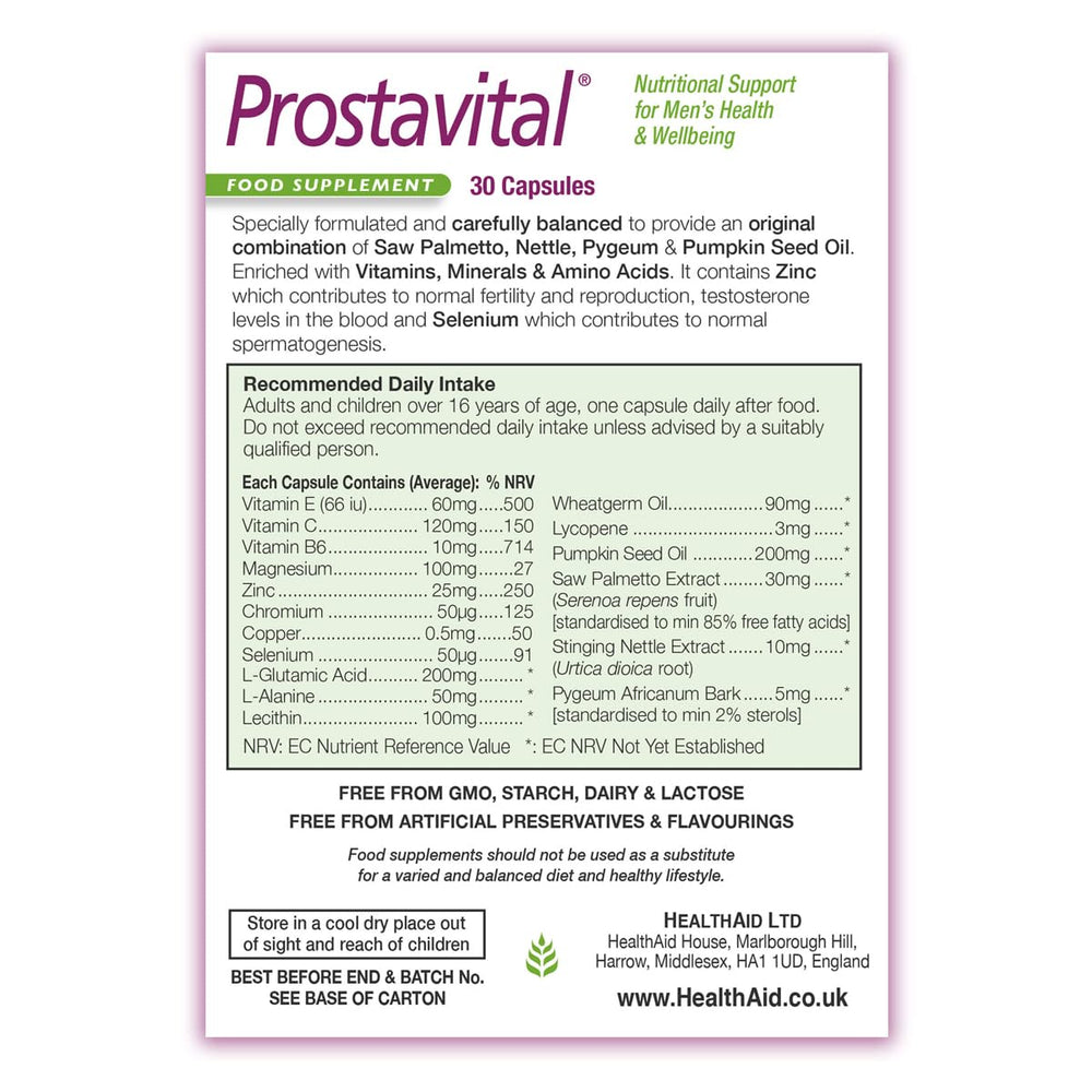 Back/top view showing nutrition information on Prostavital blister pack