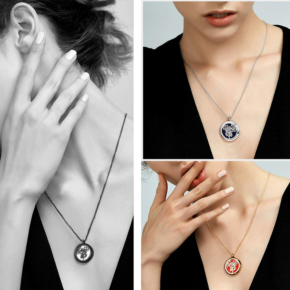 Model wearing PROSTEEL diffuser necklace with rose design