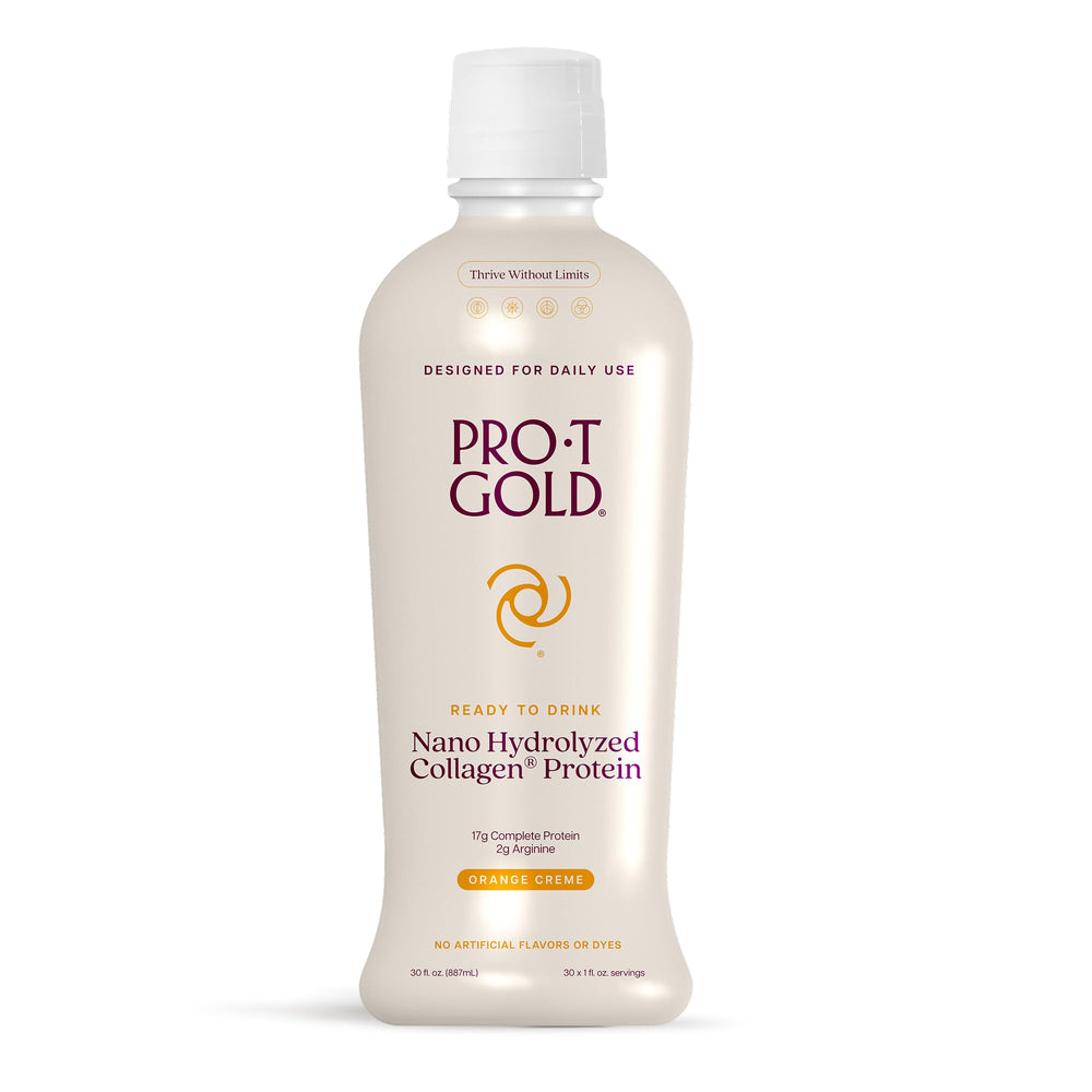 ProT Gold orange creme bottle displaying the liquid collagen shot for post-workout recovery.