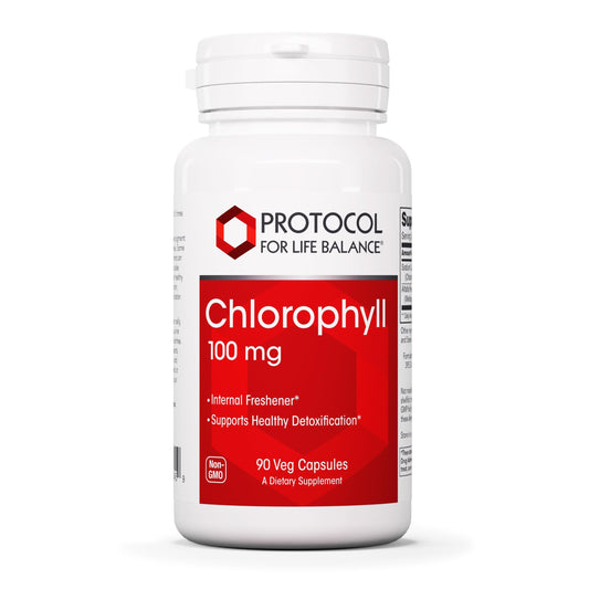 Protocol Chlorophyll bottle with label indicating 90 vegan capsules.