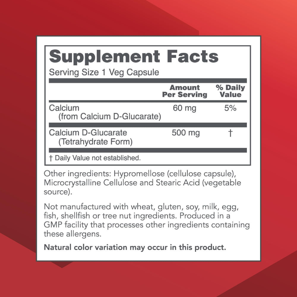 Close-up of product label showing 500 mg Calcium D-Glucarate