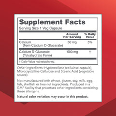 Close-up of product label showing 500 mg Calcium D-Glucarate