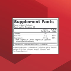 Serving size illustration showing 400 mg elemental magnesium from citrate, glycinate and malate