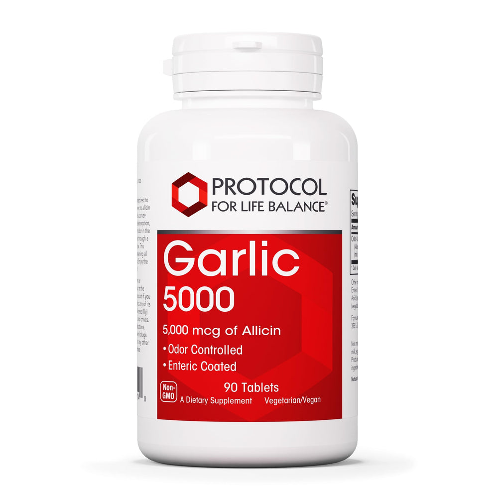Protocol Garlic 5,000 Allicin bottle with odor-controlled, enteric-coated tablets