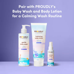 Lifestyle shot of Proudly Calming Spray on baby sheets