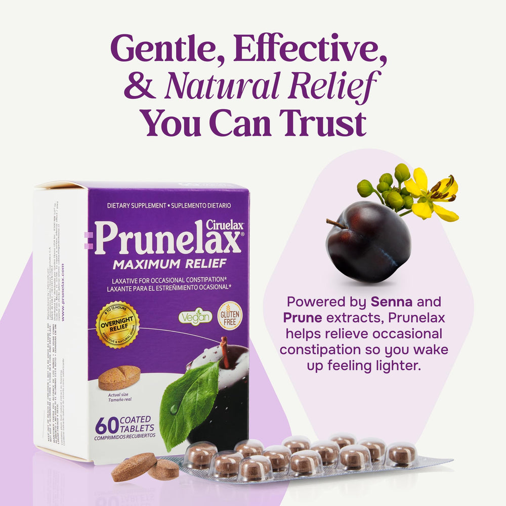 Prunelax bottle-label-detail focuses on product labeling and trusted constipation-relief information.
