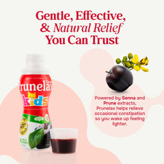 Prunelax Ciruelax bottle front features kid-friendly laxative syrup for gentle use.
