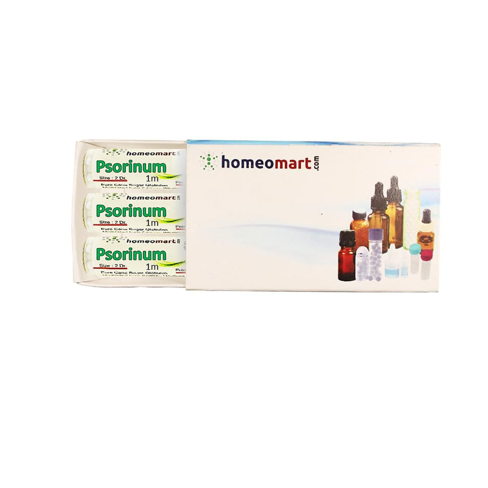 Psorinum homeopathy pellets in a 2-dram glass vial