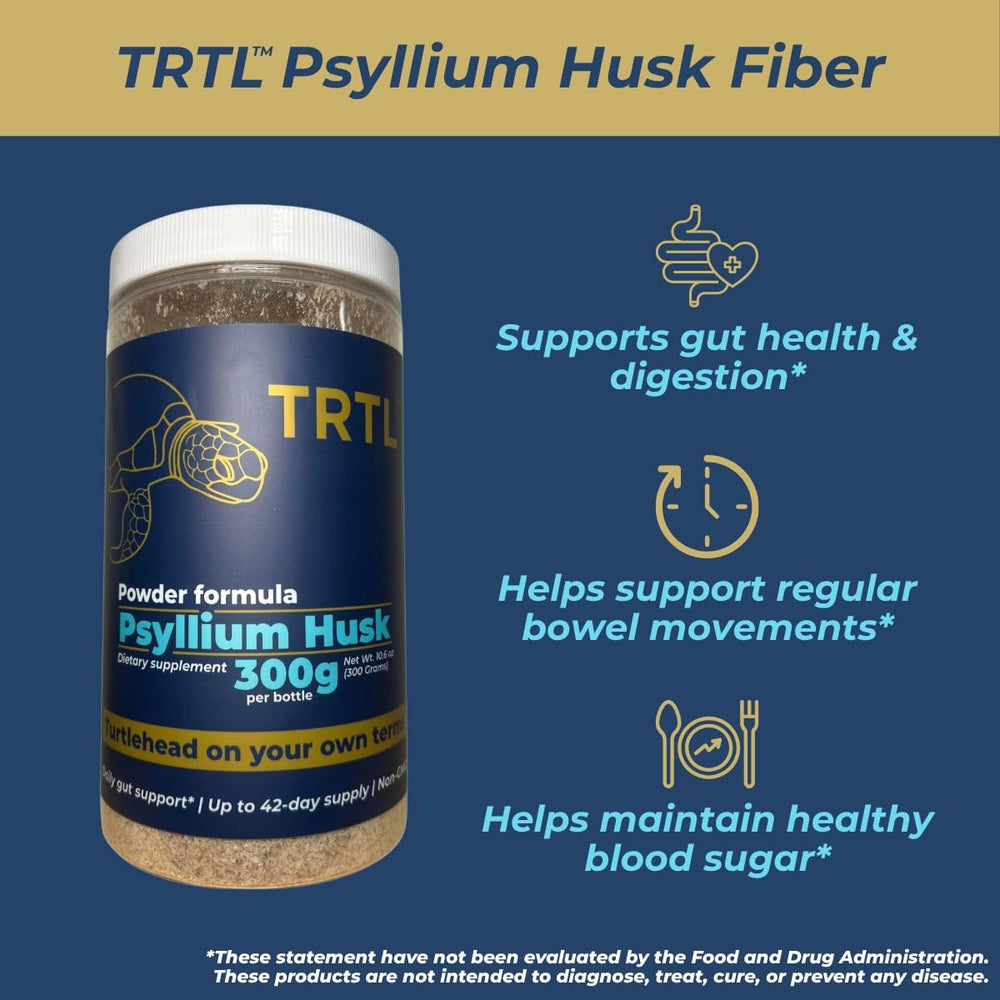 Psyllium husk powder bottle on kitchen counter
