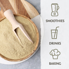 Psyllium husk powder being poured into a glass of water