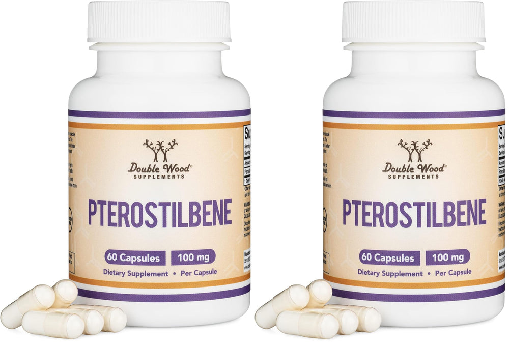Front view of Double Wood Pterostilbene 100mg capsules 2 pack