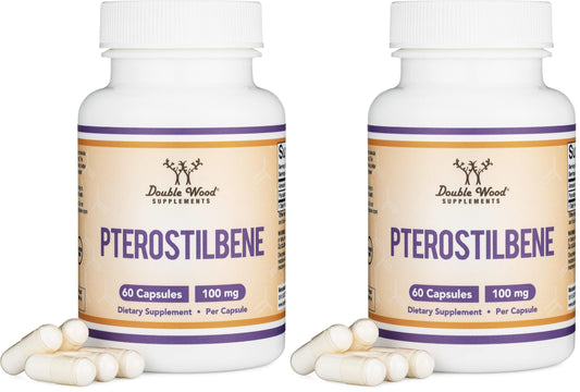 Front view of Double Wood Pterostilbene 100mg capsules 2 pack