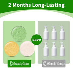 Pubpok travel bundle image with two shampoo bars and one conditioner bar.