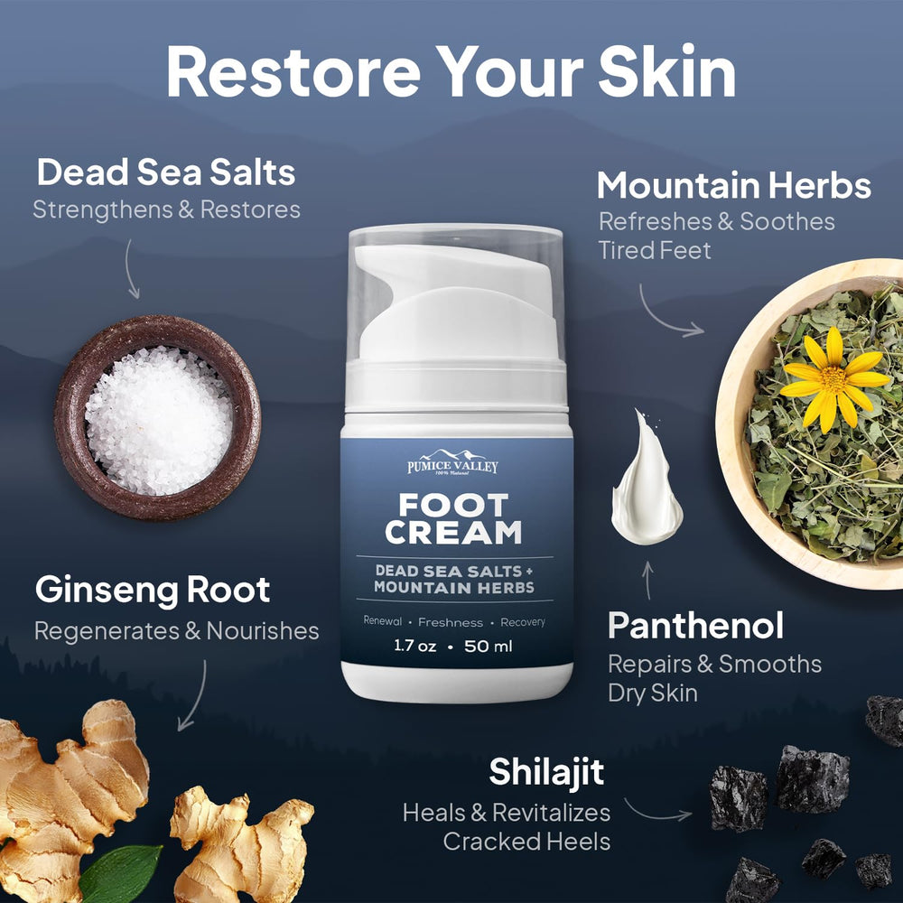 Pumice Valley foot cream features Dead Sea salts for mineral-rich care of feet.